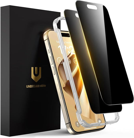 UNBREAKcable Privacy Screen Protector for iPhone 15 Pro Max Full Coverage Shatterproof Tempered Glass[True 28°Anti Spy][9H Hardness][Easy Installation Frame]2-Pack Private Screen for iPhone 15 ProMax