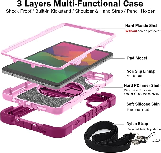 Tablet Case for Xiaomi Redmi Pad SE 8.7/Redmi Pad SE 4G in India Tablet Shockproof Cover with 360° Rotating Stand and Wrist Strap Shoulder StrapRed Rose+Pink