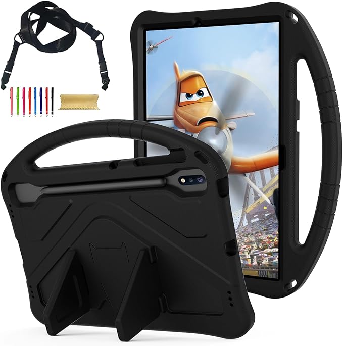 Kids Case for Samsung Galaxy Tab S10+ Plus/S9 FE+ Plus/S9+/S8+/S7+/S7 FE 12.4 Handle Kickstand Shockproof Lightweight Case Cover with Shoulder Strap Kids Friendly for Girls BoysBlack