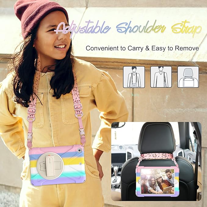 BATYUE Shockproof Case for iPad mini 1/2/3 (2012/2013/2014) - 360° Multi-Angle Stand (Portrait &amp Landscape) &amp Grip Multi-Scene for All Ages Colourful Pink