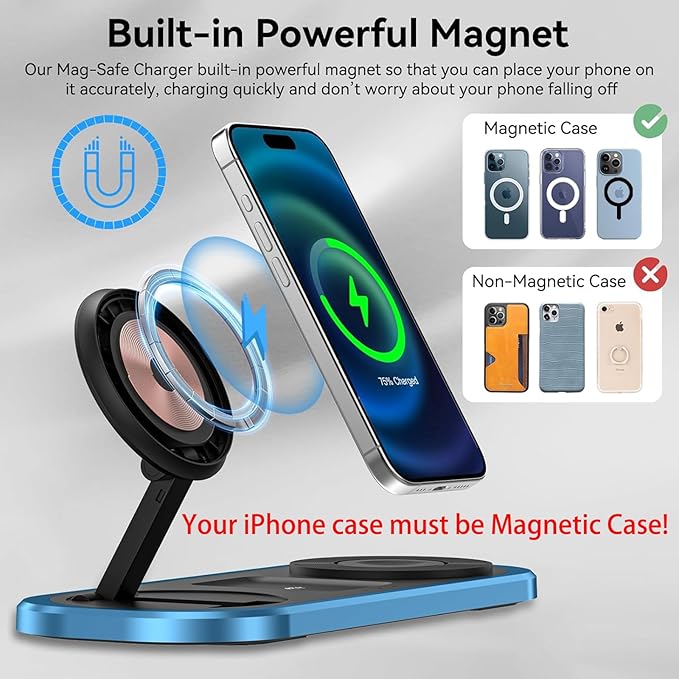 3 in 1 Fast Wireless Charger Stand for iPhone Foldable Travel Charging Station for Magsafe for iPhone 17/Air/16/15/14/13/12 Series Apple Watch Series AirPods pro/2/3/4 2025 Christ mas Gifts (Blue)