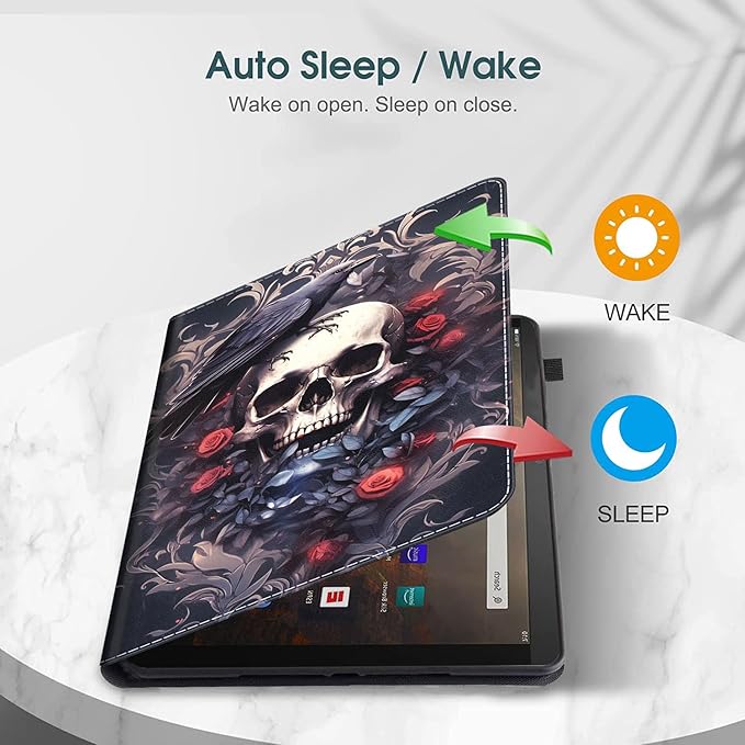 Case Fits Amazon Kindle Fire HD 8 &amp 8 Plus Tablet (12th Generation/10th Generation 2022/2020 Release) 8 Multi-Angle Smart Stand Cover Auto Sleep/Wake Raven on Skull with Flowers Roses