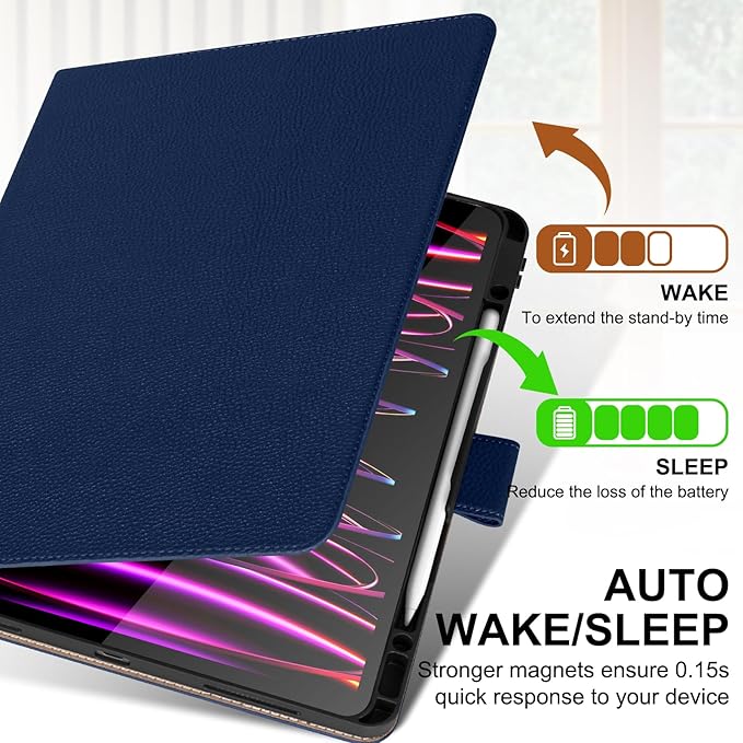 Genuine Leather Case for iPad Pro 13 inch (M5/M4) 2025/2024 with Pencil Holder | Slim Protective Cover with Adjustable StandMagnetic ClosureAuto Wake/Sleep Premium Leather | Blue