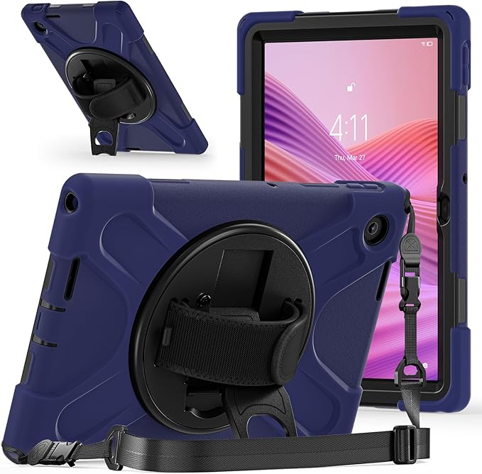 Tablet Case Compatible with Lenovo Tab 10.1(TB-311XU) /K10C TB311FU 2025 Case Protective Heavy Duty Rugged Shockproof Drop Protection Cover Shoulder Strap for Kids Silicone Cover(Dark Blue)