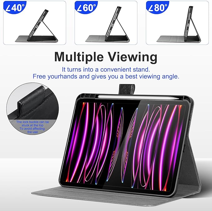 Genuine Leather Case for iPad Pro 13 Inch M5 2025/M4 2024 with Pencil HolderProtective Shockproof Premium Leather Smart Folio Cover Adjustable Stand Auto Sleep/Wake Anti-Slip Black