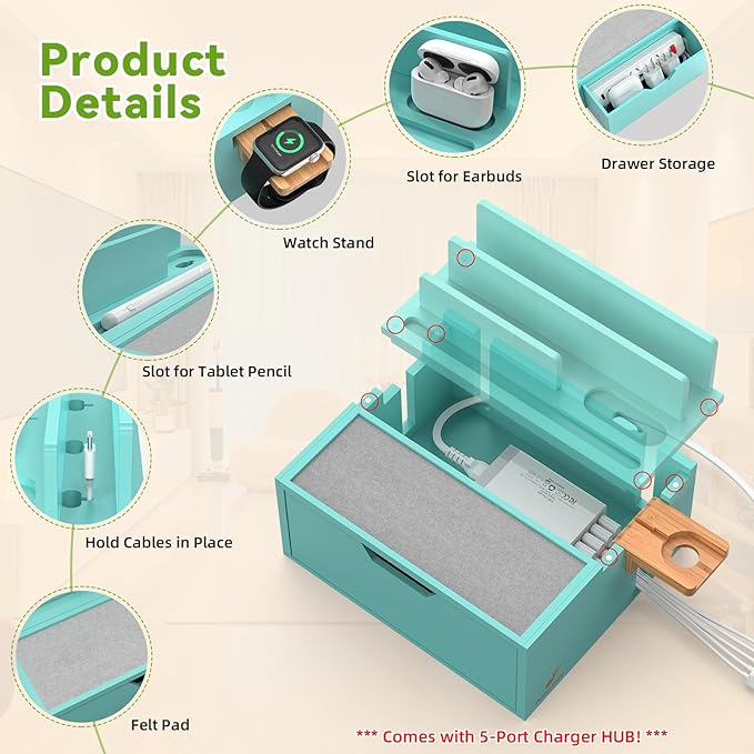 Pezin &amp Hulin Bamboo Charging Station for Multi Device with Power Charger &amp Cables Nightstand Docking Stand with Felt Pad Tray &amp Drawer Compatible with Tablet Cell Phone Smart Watch-T