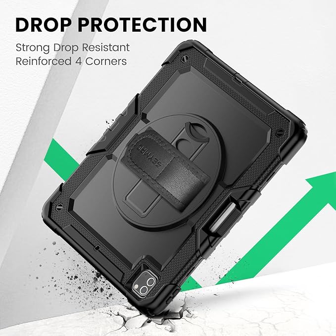 SEYMAC Case for iPad Pro 12.9 2022/2021/ 2020/2018 Heavy Duty Protection Shockproof Case with Screen Protector 360° Rotating Stand/Handle/Shoulder Strap Supports Pencil 2 Charging Black