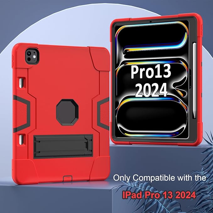 Case for iPad Pro 13 inch (2024 7th Gen) for iPad Pro 13 inch M4 2024 Case Heavy Duty Rugged Case with 360 Rotating Stand Shockproof Kids case for 2024 ipad pro 13 case Red&ampBlack