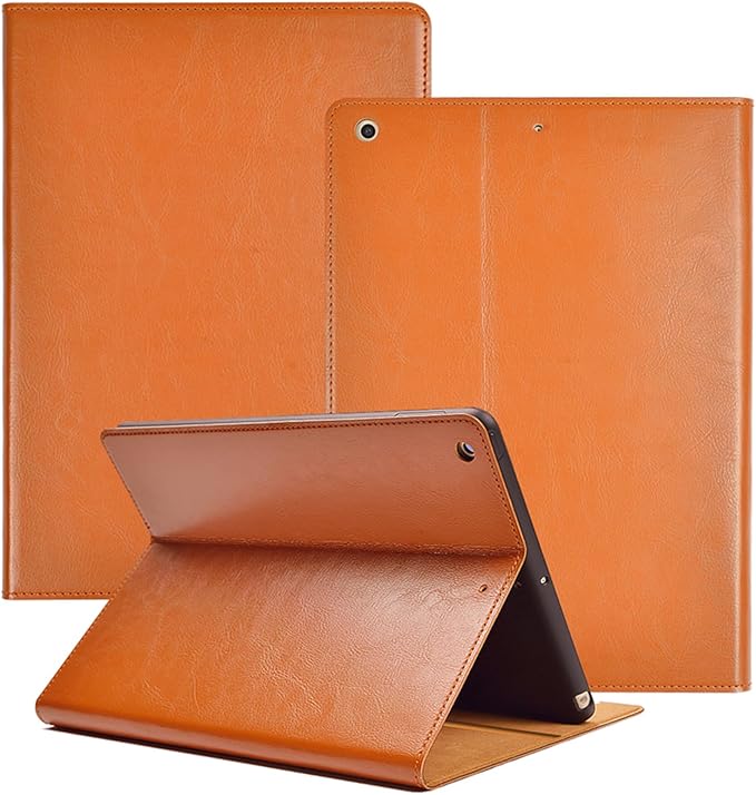 for Ipad Case 10.2-inch 9th/8th/7th Gen 2021/2020/2019 Genuine Leather Cover Protective ShellAuto Wake/Sleep.Yellow Brown