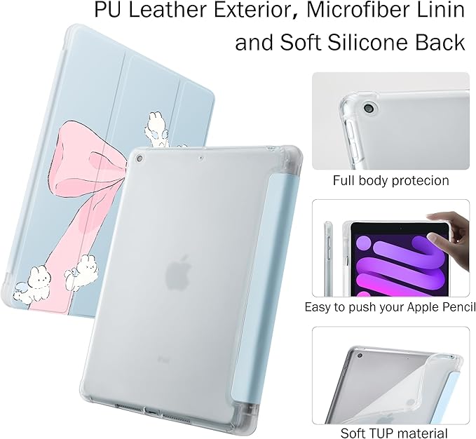 Idocolors Case for iPad 11 inch (A16 Chip) 2025 Generation 11th / iPad 10.9 inch 2022 10th Gen Built-in Pencil Holder with Soft TPU Shockproof Back Shell Auto Wake/Sleep Bunny Bow-Blue