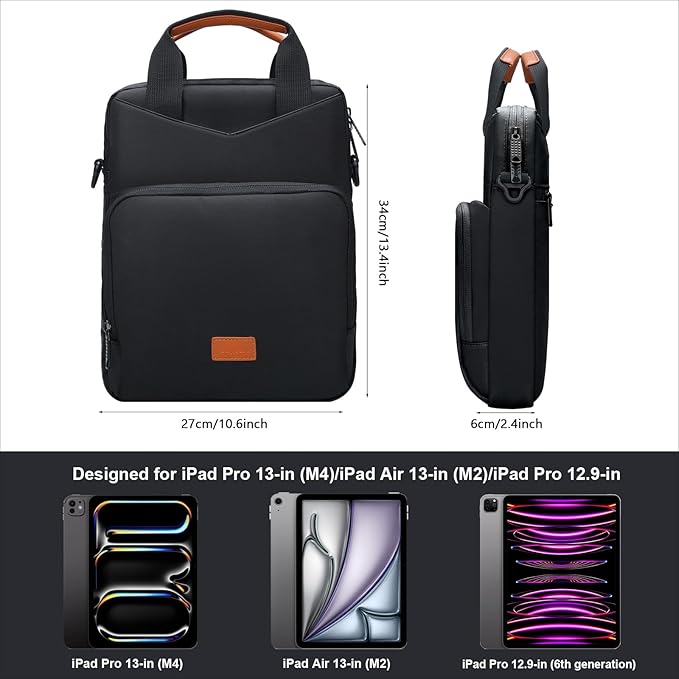 12.9 Inch Tablet Sleeve Bag Padded Travel Carrying Case for iPad Pro 13-in. (M4) iPad Air 13-in. (M2) Surface Pro 9 12.4 Galaxy Tab S9+ with Shoulder Strap (Black)