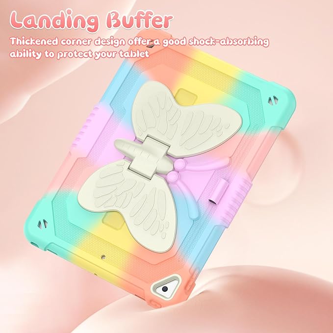 for iPad 9th/8th/7th Generation 10.2 inch Butterfly Case Cute iPad Air 3 10.5 Kawaii Girly Soft Silicone Protective Cover for Kids Girls Women w/Stand Shoulder Strap Pencil Holder Colorful