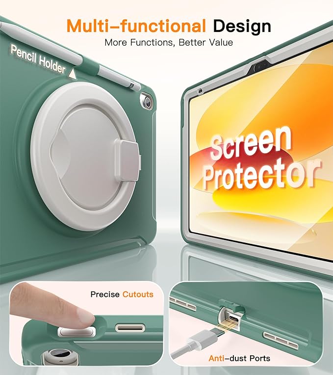 BATYUE Shockproof Case for iPad 10th Gen 10.9 2022 / 11th Gen (A16) 11 2025 | 360° Multi-Angle Stand (Portrait &amp Landscape) &amp Grip Built-in Screen Protector Pencil Holder Jade Green
