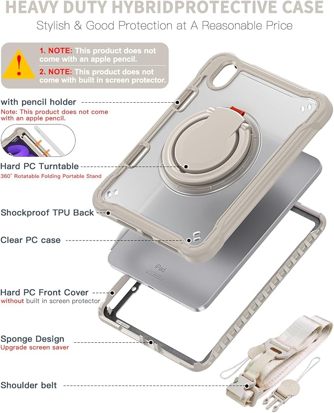 BRAECN for iPad (a17 pro) Mini 7/Mini 6 Case 2024/2021 8.3 inch with Pencil Holder Protective Clear Ring Handle 360 Rotating Stand Shockproof Dropproof Rugged Carrying Shoulder Strap Kids Friendly