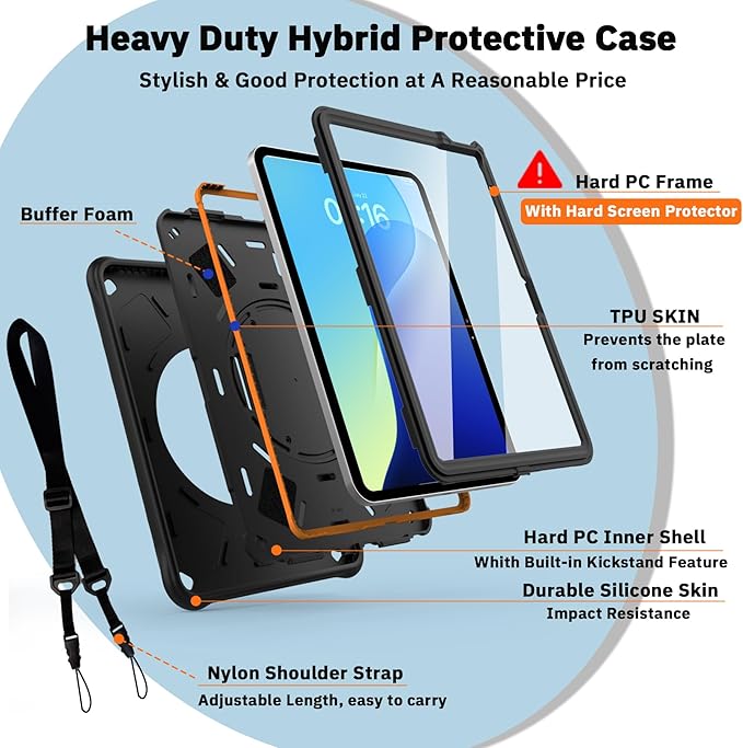 Case for iPad (A16) 11th/10th Generation 11''/10.9'' (2025/2022) with HD Screen Protector Strong Military-Grade Full-Body Shockproof Protection 360° Rotate Hand Strap/Stand Black