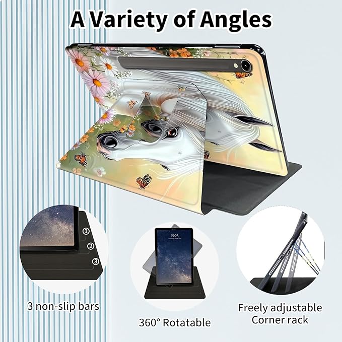 Case for Samsung Galaxy Tab S10 FE 10.9 2025/S9 FE 5G 10.9/S9 11 2023360 Degree Rotating Smart Cover Case with S Pen Holder &amp Auto Sleep/Wake-Handsome White Horse