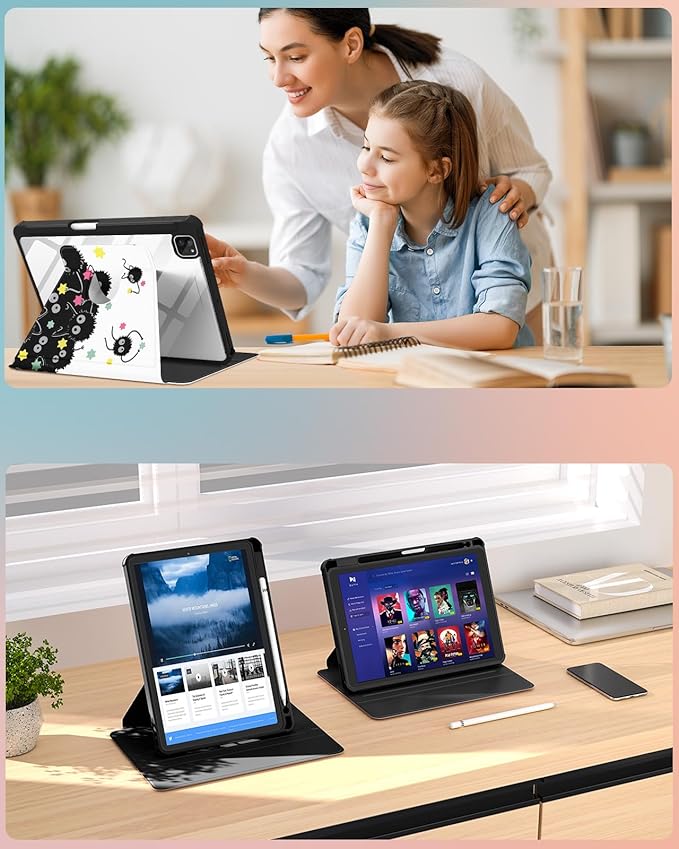 for iPad Air 11 inch Case Air 5th/4th Generation 10.9 Pro 11'' Case Women Girls for Apple Pencil Holder Cute Cartoon Rotating Folio Cover for iPad Air 11 2024 (M2) 10.9 2022 2020 Pro 11