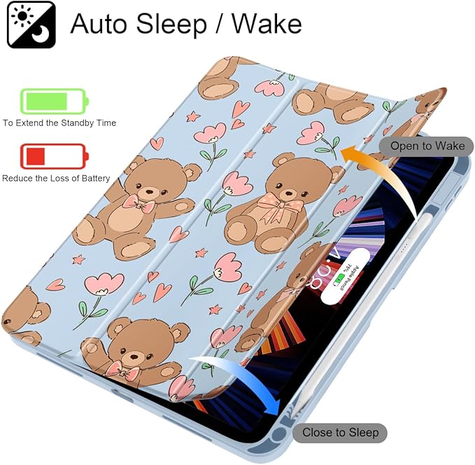 May Chen Case for iPad Air 13 Inch M4 2026 M3 2025 M2 2024 [Built-in Pencil Holder] Shockproof Cover with Clear Transparent Back Shell Auto Sleep/Wake Cover Cute Teddy Bear