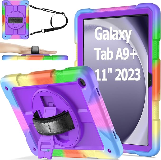 AVAWO Case for Samsung Galaxy A9+ Plus 11 inch 2023 with 360° Swivel Handle Strap Cover with Lanyard Colorful Purple