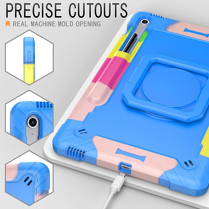DETUOSI Case for Samsung Galaxy Tab S10 FE Plus 13.1 inch 2025 with Pencil Holder Heavy Duty Shockproof Case with Rotatable Stand &amp Shoulder Strap Camouflage Blue