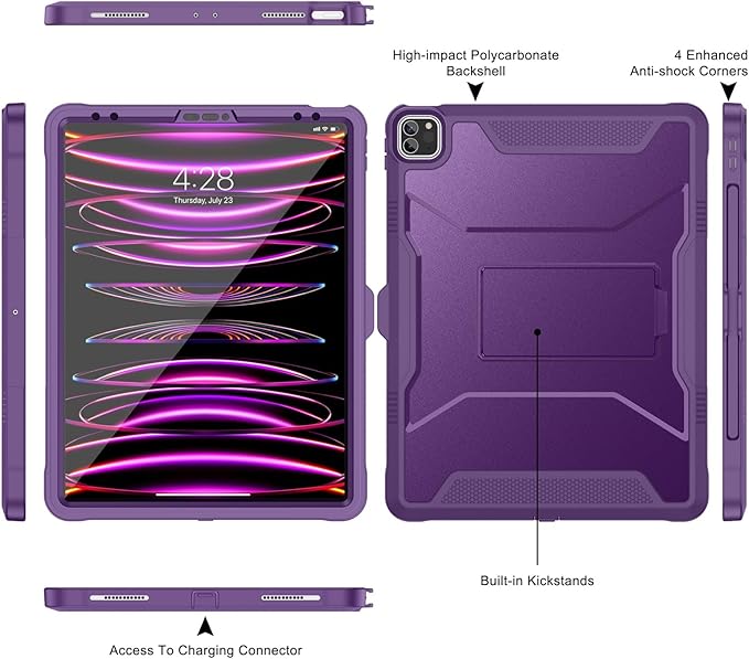 Soke Case for iPad Pro 12.9 Inch 6th/5th/4th Generation(2022/2021/2020 Release) Rugged Shockproof Protective Cover with Built-in Kickstand for Apple iPad Pro 12.9 - Dark Purple