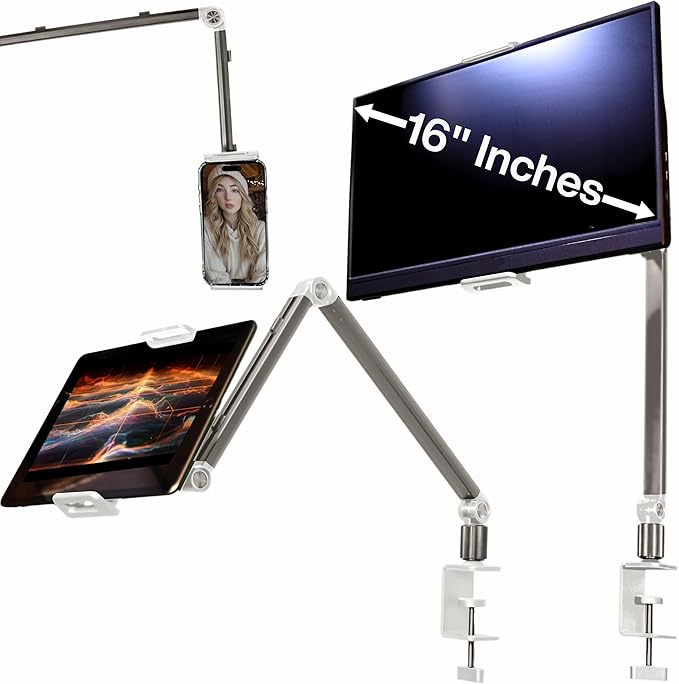 Stand for 16 Inch Portable Monitor - Heavy Duty Aluminum Mount with Infinite Angle Adjustment Built-in Cable Management - Fits iPad Pro 12.9 Tablets iPhone (Holds 4.7-16 Devices)