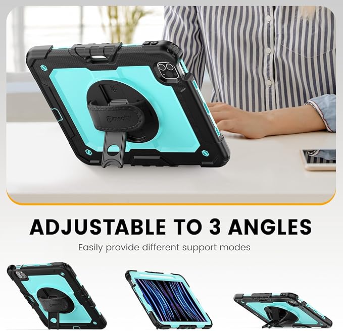 Timecity Case for iPad Pro 11 inch 2022/2021 (4th/ 3rd Generation) Shockproof with Screen Protector Swivel Stand Handle Shoulder Strap Pencil Holder Case for iPad Pro 11 Inch- Light Blue