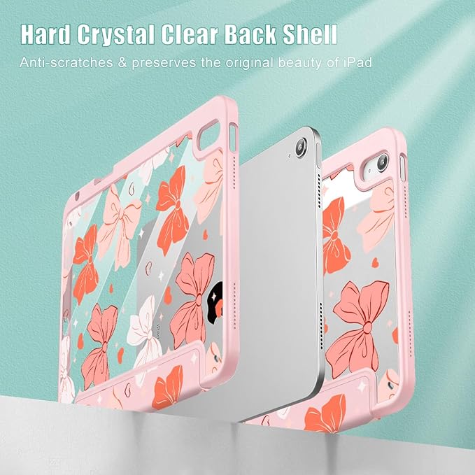 Case for iPad 11 inch A16 2025 Generation 11th / iPad 10.9 inch 2022 10th Gen Buit in Pencil Holder with Shockproof Cover Clear Transparent Back Shell Auto Wake/Sleep Bows SD146