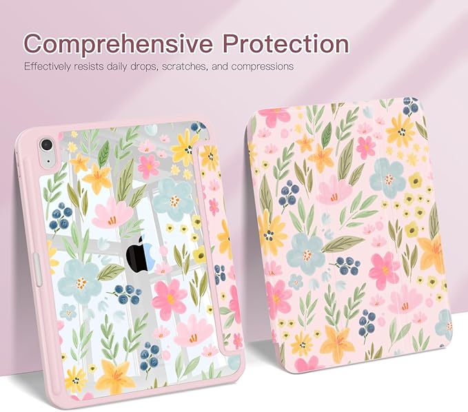 Teryeefi Case for iPad (A16) 11-inch 2025 &amp 10.9'' iPad 10th Generation 2022 3D Printing Slim Lightweight Protective Cover with StandAuto Wake/Sleep Function Clear PC +TPU Back Shell Pink Flor