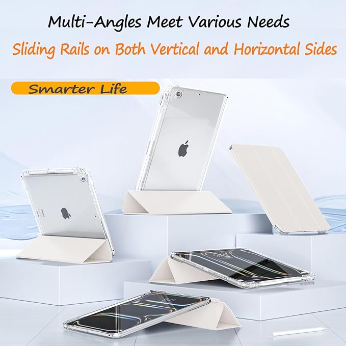 Case for iPad 9th/8th/7th Generation 2021/2020/2019 (10.2 inch) Case with Pencil Holder Slide Detachable Magnetic Trifold Stand Shockproof Slim Cute Clear Back Protective Cover (Cream)