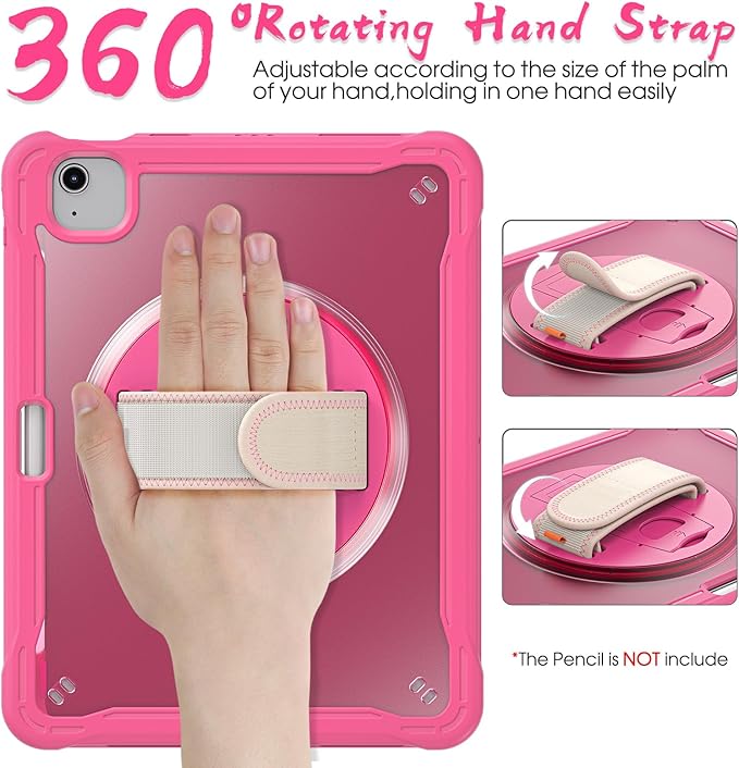 BRAECNstock Case for iPad Air 11-inch M4 2026/ M3 2025/ M2 2024 and Air 5th/4th Gen 10.9‘’ &amp Pro 11-inch 1st-4th 2018-2022 Kids Cover with Pencil HolderScreen ProtectorHandle Stand-Rose Red