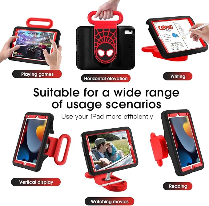 Kids Case for iPad 7th/8th/9th GeniPad 10.2 inch 2021/2020/2019 Case with Adjustable Portrait Landscape Stand HandleHeavy Duty Protective Kids Child Friendly Cover for iPad 10.2 inch. (Black-Red)