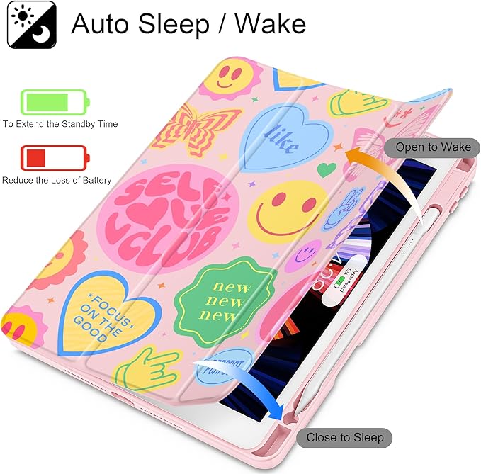 May Chen for iPad 9th Generation with Pencil Holder iPad 8th/7th Gen Case 10.2-inch [Penceil Holder] Trifold Stand Auto Wake/Sleep Clear TPU Protection Back Cover Smile Art