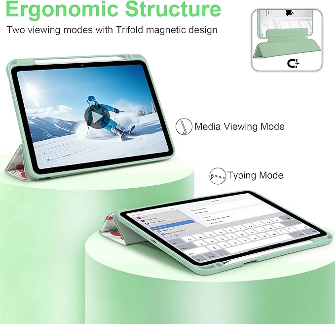 DONGKE Case for iPad Air 11-inch M4 2026 &amp M3 2025 &amp M2 2024 iPad Air 5th/4th Generation 10.9 2022/2020 [Built-in Pencil Holder] Clear Acrylic Back Trifold Stand Smart Cover Green Cherry