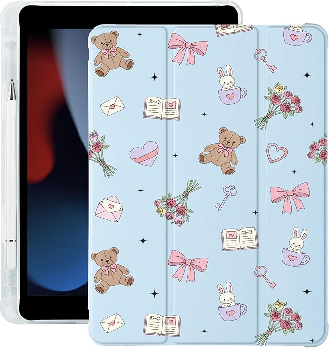 Cute Kawaii Bear Bunny Bow for iPad Pro 11 Inch Case 4th/3rd/2nd Generation 2022/2021/2020 with Pencil Holder Auto Sleep/Wake Blue Leather Soft TPU Back Cover