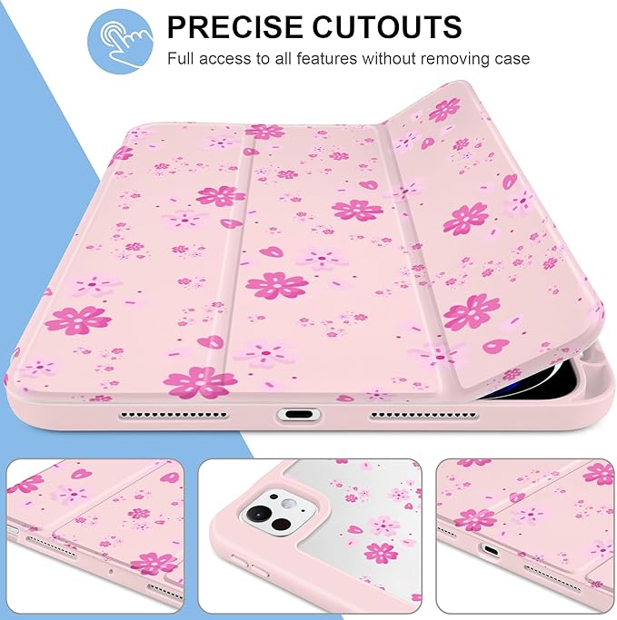 MecBevia Case for iPad Pro 11 inch M5 2025 / M4 2024 (6th/5th Gen) A3357 A3358 A3359 A2836 A2837 A3006 – Built-in Pencil Holder &amp Auto Wake/Sleep Pink Petals