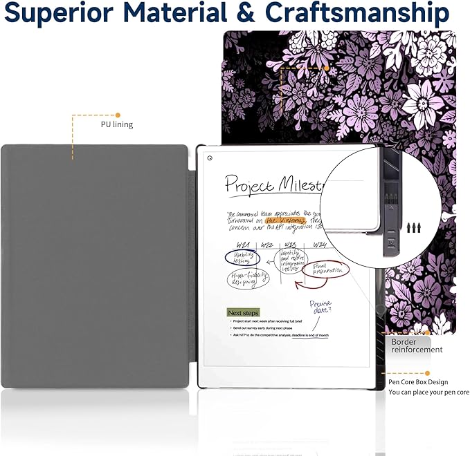 Case for Remarkable Paper Pro Tablet 11.8 (2024 Released) Lightweight and Hard Back Shell Protective Book Folio CoverHave Auto Sleep/WakePen Holder and Pen Tips Box (Light purple flowers)