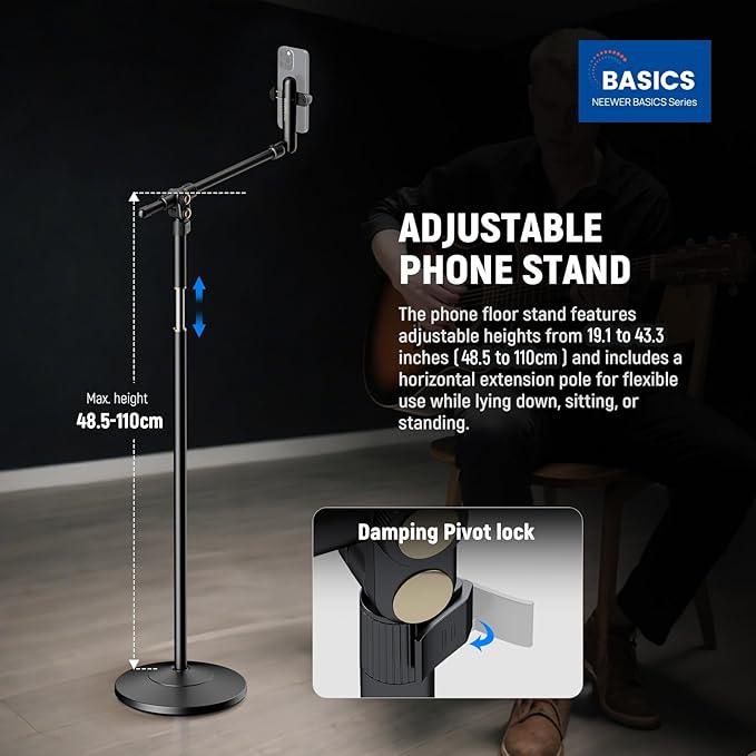 NEEWER BASICS Phone Floor Stand with Horizontal Extension Arm Adjustable Bed Phone Holder Clamp Mount Compatible with iPhone 16 15 Pro Max Plus Samsung for Video Recording Weighted Metal Base ST009