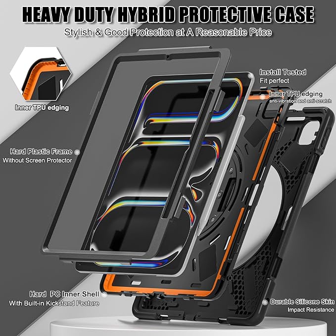 ZenRich iPad Pro 13 Inch Case M4 2024 Heavy Duty Rugged Case for A2925 A2926 A3007 with 360°Rotating Kickstand/Handle/Pencil Holder/Shoulder Strap Black