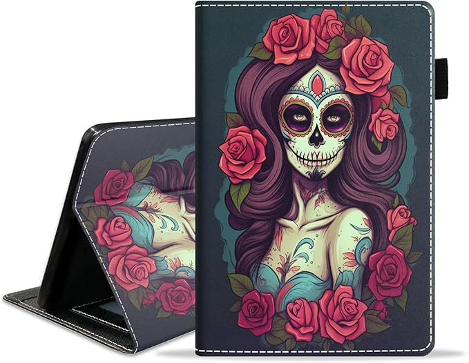 Case for Amazon Kindle Fire 7 Tablet (7 9th/7th Generation 2019/2017 Release) Slim PU Leather Cover with Card Slot &amp Auto Wake/Sleep Sugar Skull Girl Roses