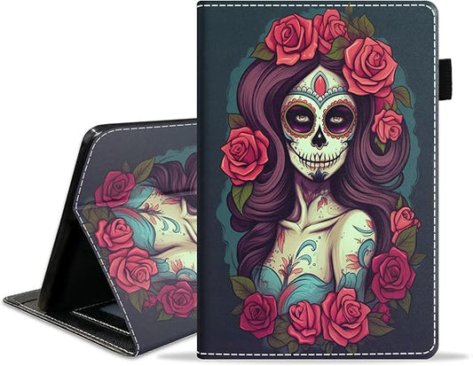 Case for Amazon Kindle Fire 7 Tablet (7 9th/7th Generation 2019/2017 Release) Slim PU Leather Cover with Card Slot &amp Auto Wake/Sleep Sugar Skull Girl Roses