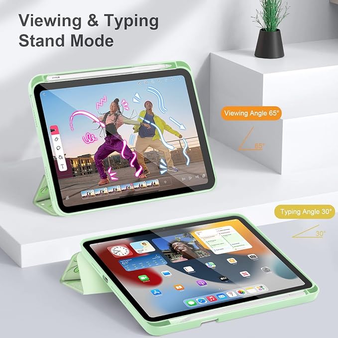 May Chen Slim Case for iPad mini 7 (A17 Pro 7th Generation) 2024 / iPad mini 6 (6th Gen) 8.3 Inch [Built-in Pencil Holder] Shockproof Cover Clear Clear Back Shell Auto Wake/Sleep Green Stars Bow