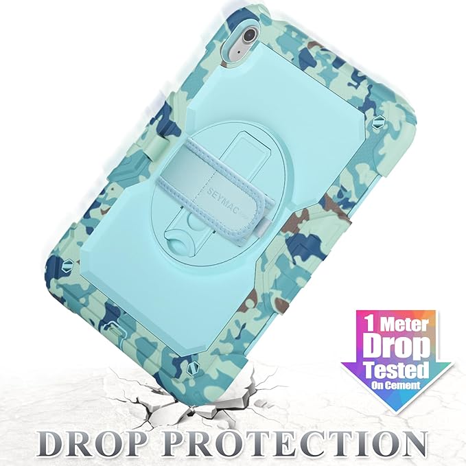 SEYMAC stock Case for iPad (A16) 11th/10th Generation 11''/10.9'' 2025/2022 Full-Body Drop Protection Case with Screen Protector &amp360° Rotate Hand Strap/Stand SkyBlue Camo