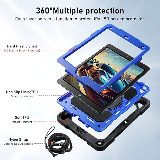 for iPad 6th Generation/iPad 5th Gen/iPad Air 2/iPad Pro 9.7 Case with Cute Key Chain Rugged Protective Case with Rotating Stand &amp Shoulder Hand Strap for iPad 6th/5th/ Air 2 (Black+Blue)