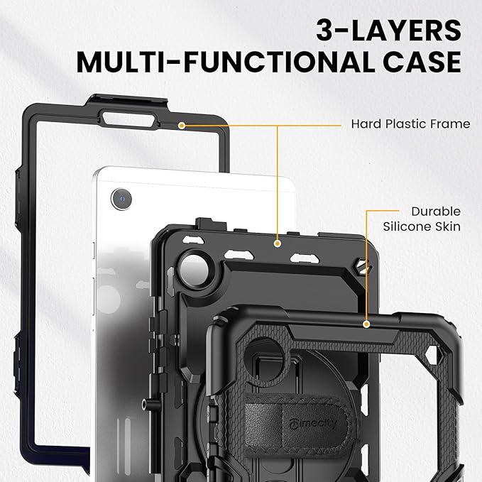 Timecity for Samsung Galaxy Tab A9 Case 8.7 inch (SM-X110/X115/X117) with Built-in Screen Protector 360° Rotating Stand Hand Strap&ampShoulder Strap Case for Galaxy Tab A9 4G LTE Tablet- Black