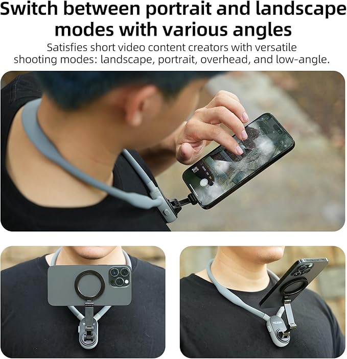 TELESIN° Magnetic Neck Cell Phone Holder POV/Vlog Recording Necklace Lanyard Selfie Hand Free Neck Phone Mount Stand for iPhone 15 14 13 12 Pro Mini/Plus/Pro/Pro Max and Samsung Android Smartphone