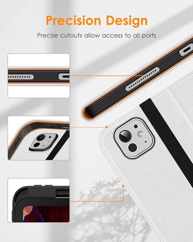 DTTO for iPad Pro 13 inch Case (M4) 2024 Premium Leather Business Folio Stand Cover with Pencil Holder - Auto Wake/Sleep and Multiple Viewing Angles Built in Hand Strap &amp Pocket White