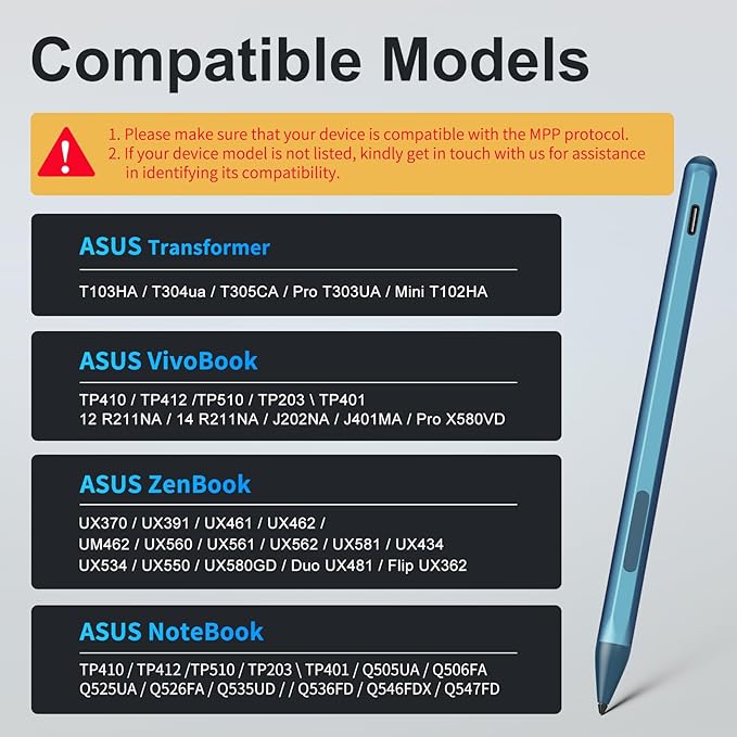 Stylus Pen for ASUS Transformer/Mini/ASUS Zenbook Flip/Pro/ASUS Vivobook Flip/Pro/Duo/ASUS Notebook Rechargeable MPP 2.0 Tilt Active Pen with 4096 Pressure Sensitivity Tpye-c Charge Blue