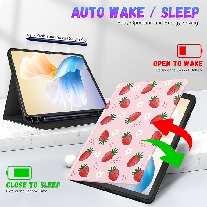 for Samsung Galaxy Tab S9 Plus/S9 FE Plus Case 12.4 Inch 2023 for Women Girls Folio Cover with Pencil Holder Cute Pretty Design Girly Kawaii Strawberry Teens Tablet Cases for Tab S9+/S9 FE+