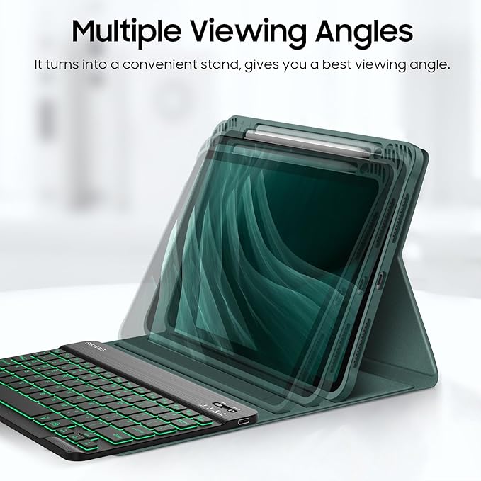 Fintie Backlit Keyboard Case for iPad Air 11-inch M4/M3/M2 (2026/2025/2024) iPad Air 5th/4th Gen 10.9 Inch - Soft TPU Cover with 7 Color Backlight Detachable Bluetooth Keyboard Midnight Green